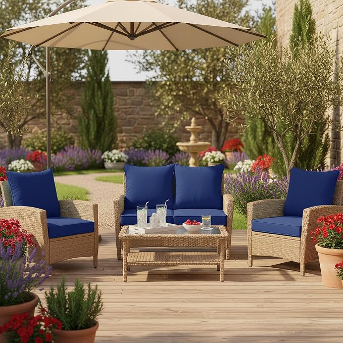 Summsun Patio Cushions for Outdoor Furniture, 22 x 22 in, Navy, Set of 4 | Double-Sided Water Resistant, Removable Cover, Back Pillow & Seat Cushion, Tie Straps, Fit for Patio, Garden, Sofa Couch