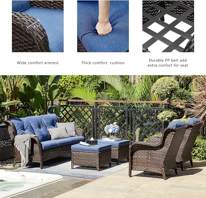 Rilyson Outdoor Patio Wicker Sofa, 900Lbs Weight Capacity Large 3 Seater Wicker Patio Couch with 4in Seat Cushions and Deep Seating, All Weather for Backyard, Garden, Poolside (Brown/Blue)
