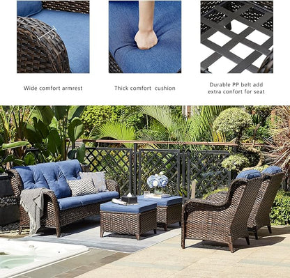 Rilyson Outdoor Patio Wicker Sofa, 900Lbs Weight Capacity Large 3 Seater Wicker Patio Couch with 4in Seat Cushions and Deep Seating, All Weather for Backyard, Garden, Poolside (Brown/Blue)