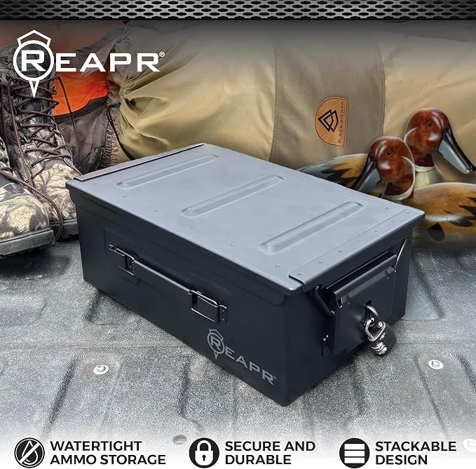 Reapr Steel Ammo Can, Heavy Duty Locking Metal Ammo Storage Box, Airtight and Watertight 30 Cal or 50 Cal Case for Rifle, Shotgun, Pistol, Military Footlocker Style Tool and Gear Organizer