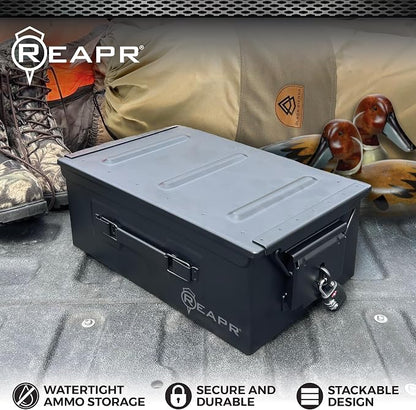 Reapr Steel Ammo Can, Heavy Duty Locking Metal Ammo Storage Box, Airtight and Watertight 30 Cal or 50 Cal Case for Rifle, Shotgun, Pistol, Military Footlocker Style Tool and Gear Organizer