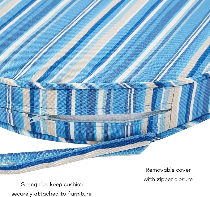 Set of 2 Outdoor 18 inch Round Patio Dining Chair Pads – Comfortable Fiber-Filled Seat Cushions with Ties, Reversible Polyester Fabric - Sapphire Stripe