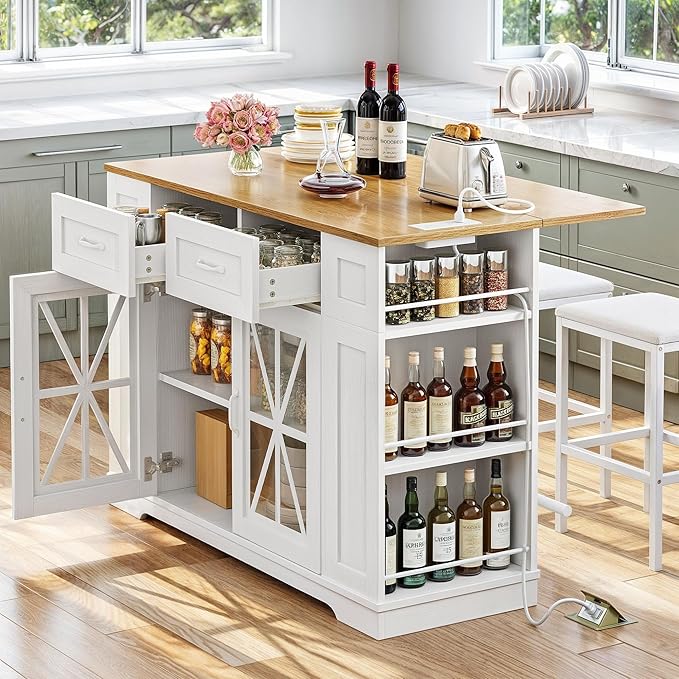 DWVO 3 PCS Kitchen Island with Drop Leaf, Mobile Storage Island with Seating, Rolling Dinning Table Set with 2 Bar Stools & Power Outlet, Bar Kitchen Cart on Wheels, Footrest & Spice Rack, White Oak