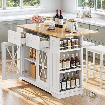 DWVO 3 PCS Kitchen Island with Drop Leaf, Mobile Storage Island with Seating, Rolling Dinning Table Set with 2 Bar Stools & Power Outlet, Bar Kitchen Cart on Wheels, Footrest & Spice Rack, White Oak