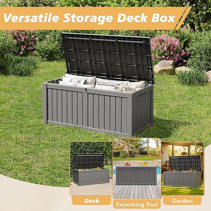 Fancyango 150 Gallon Outdoor Deck Box Waterproof, Large Storage Box for Patio, Resin Storage Bench Lockable for Garden Tools, Package Delivery, Grey