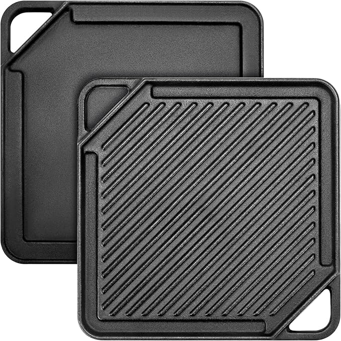 GGC Cast Iron Reversible Griddle | Double-sided Griddle Pan for Stove Tops and Gas Grills, 10"x 10" Square Baking Flat and Ribbed Griddle for Camping stoves