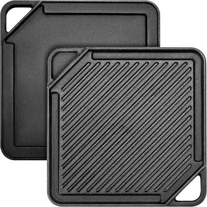 GGC Cast Iron Reversible Griddle | Double-sided Griddle Pan for Stove Tops and Gas Grills, 10"x 10" Square Baking Flat and Ribbed Griddle for Camping stoves