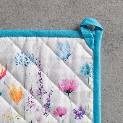 Maison d' Hermine Pot Holders 100% Cotton Heat Resistant Potholders 8" x 8" Hot Pads with Loop BBQ Baking Hotel Farmhouse Kitchen Handling Hot Pans Spring Summer (Pack of 1, Flower in The Field)
