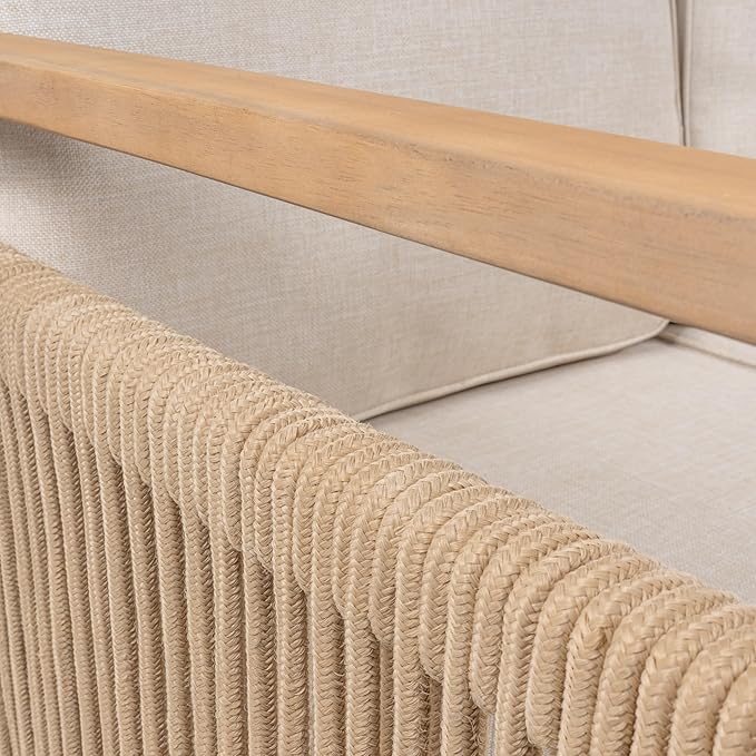 JONATHAN Y Gable Acacia Wood and Woven Rope 63" Outdoor Sofa, 3-Seater Patio Bench with Weather-Resistant Beige Cushions for Backyard and Porch, Bohemian Style, Light Teak Finish SFB1002A