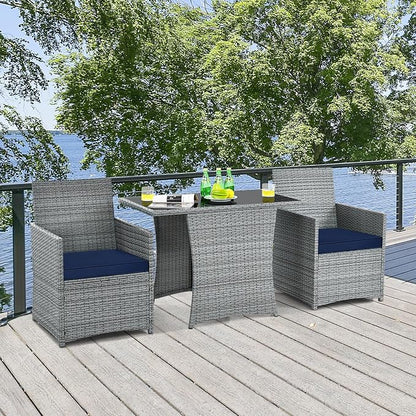 RELAX4LIFE 3-Piece Outdoor Furniture Set - All-Weather Wicker Rattan Patio Dining Set w/Tempered Glass Coffee Table & Cushions, Modern Bistro Conversation Set for Yard Balcony (Navy)