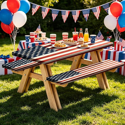 JAWO Fitted Picnic Table and Bench Cover, Vintage American Flag Pledge of Allegiance Print Waterproof Elastic Picnic Tablecloth for Outdoor Patio Camping Backyard Park, 30X60inch