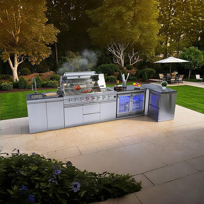 157" 6-Burner 96000 BTU Propane Gas Outdoor Kitchen Island - Stainless Steel Grill with Wine Cooler, Rotisserie, Granite Countertops, Storage Cabinets & Drawers,Silver