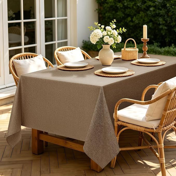 Decorelia Faux Linen Farmhouse Table Cloth 60"x84" for Rectangle Table, Coffee Waterproof Outdoor Washable Cloth Tablecloth for Rectangular Dining Room Kitchen Outdoor Party Restaurant Decor