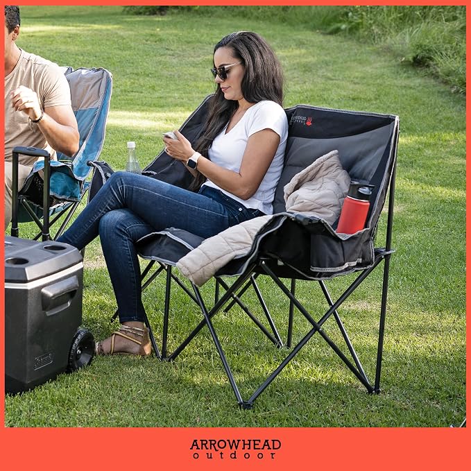ARROWHEAD OUTDOOR Wide Duo Foldable Heated Camping Loveseat Chair, Black | 57 in, 3-Stage Heating, Large Cup Holders, Glass Holders, Side Pockets, and Storage Pouches, and Grey, Beach, Tailgating