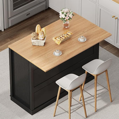 YITAHOME 50 Inch Rolling Kitchen Island with Trash Can Storage, Portable Mobile Islands Table with Drop Leaf, Floating Kitchen Butcher Block Cart on Wheels, Fits 13 Gallon Garbage Bin, Black