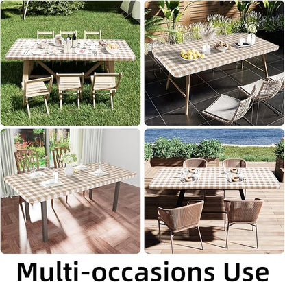 Smiry Rectangle Picnic Table Cloth, Elastic Waterproof Fitted Vinyl Tablecloths, Flannel Backed Buffalo Plaid Table Covers for Dining, Camping, Outdoor (White and Khaki, 24" x 48")