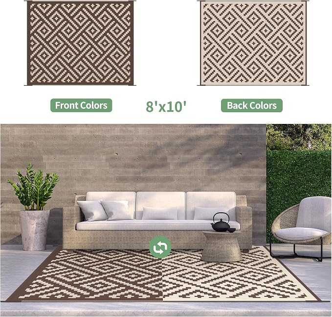 GENIMO Outdoor Rug, Waterproof Plastic Rugs for Patio, 8'x10' Coffee Beige | Outside Larger Modern Carpet Mat for Porch Decor, Deck, Balcony, Camping, RV, Backyard, Picnic, Beach, Reversible, Foldable