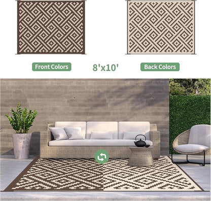 GENIMO Outdoor Rug, Waterproof Plastic Rugs for Patio, 8'x10' Coffee Beige | Outside Larger Modern Carpet Mat for Porch Decor, Deck, Balcony, Camping, RV, Backyard, Picnic, Beach, Reversible, Foldable