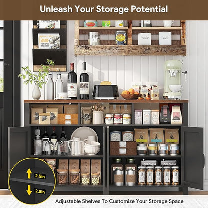 knoworld Buffet Sideboard with Storage Farmhouse with 4 Doors, 55'' Large Kitchen Storage Cabinet Wood Coffee Bar Cabinet Buffet Table with Shelves for Kitchen, Dining Room, Entryway (Black, 55 in)