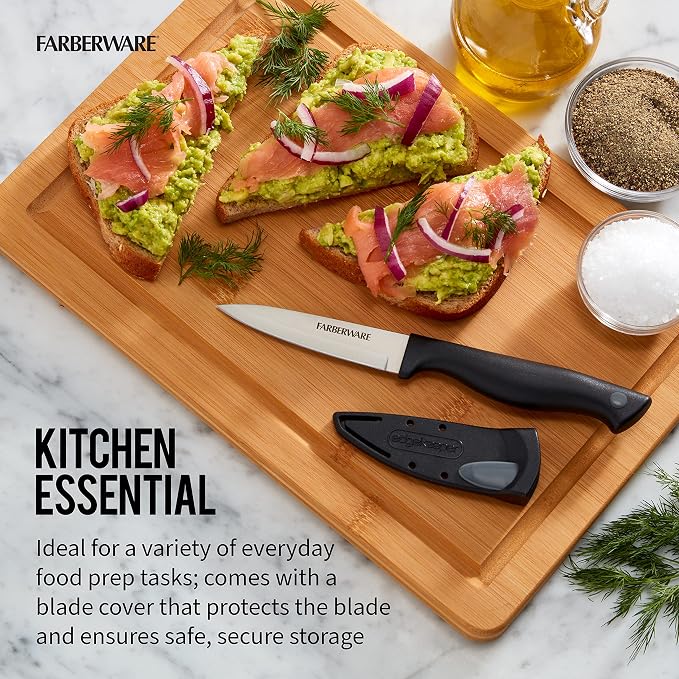 Farberware Edgekeeper 3.5-Inch Paring Knife with Self-Sharpening Blade Cover, High Carbon-Stainless Steel Kitchen Knife with Ergonomic Handle, Razor-Sharp Knife, Black (Pack of 12)