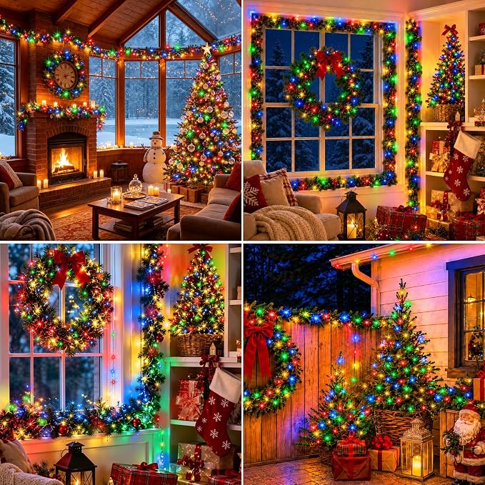 4 Pack Green Wire Fairy Lights Battery Operated Twinkle Lights | 16.4 Ft 50 LED Battery Christmas Lights Waterproof with Auto Timer 8 Modes for Xmas Wreath Tree Decor, Multicolor