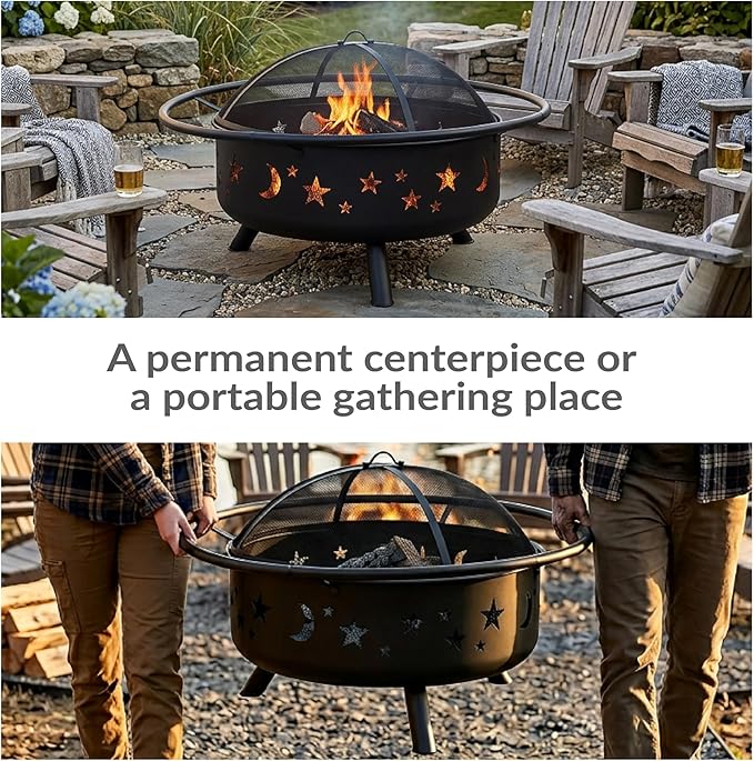 Sunnydaze Cosmic 42-Inch Large Outdoor Fire Pit - Wood-Burning Firepit for Outside Patio, Backyard, Deck - Steel - Wood Grate, Spark Screen, and Fireplace Poker Included - Black - 31” Bowl Diameter