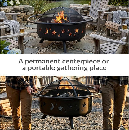 Sunnydaze Cosmic 42-Inch Large Outdoor Fire Pit - Wood-Burning Firepit for Outside Patio, Backyard, Deck - Steel - Wood Grate, Spark Screen, and Fireplace Poker Included - Black - 31” Bowl Diameter