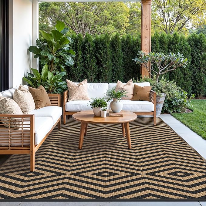 GENIMO Outdoor Rug, Waterproof Plastic Rugs for Patio, 8'x10' Shadow Brown | Outside Larger Modern Carpet Mat for Porch Decor, Deck, Balcony, Camping, RV, Backyard, Picnic, Beach, Reversible, Foldable