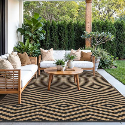 GENIMO Outdoor Rug, Waterproof Plastic Rugs for Patio, 8'x10' Shadow Brown | Outside Larger Modern Carpet Mat for Porch Decor, Deck, Balcony, Camping, RV, Backyard, Picnic, Beach, Reversible, Foldable