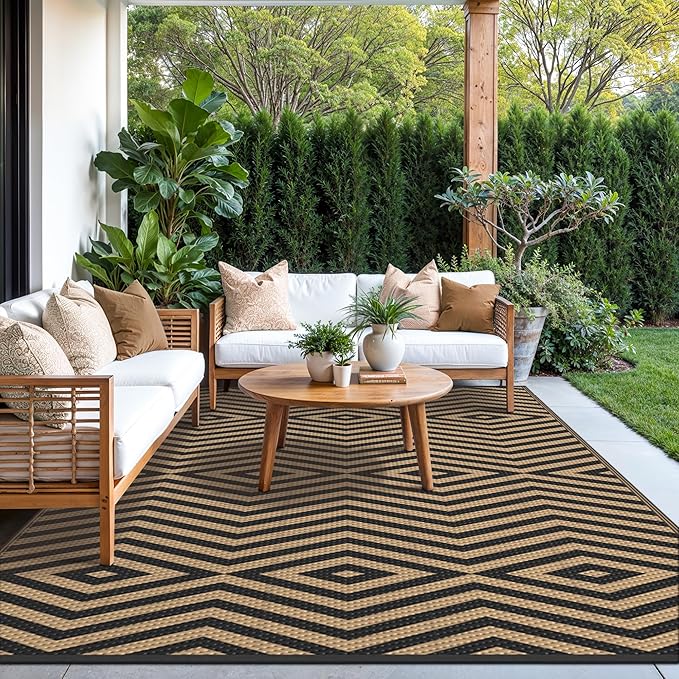 GENIMO Outdoor Rug, Waterproof Plastic Rugs for Patio, 6'x9' Shadow Brown | Outside Larger Modern Carpet Mat for Porch Decor, Deck, Balcony, Camping, RV, Backyard, Picnic, Beach, Reversible, Foldable