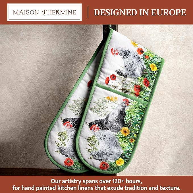 Maison d' Hermine Double Oven Mitts 100% Cotton 7"x35" Double Oven Mitt Heat Resistant BBQ Cooking Gloves with Loop Baking Grilling Kitchen Hotel Home Farmhouse Spring Summer (Basse Cour)