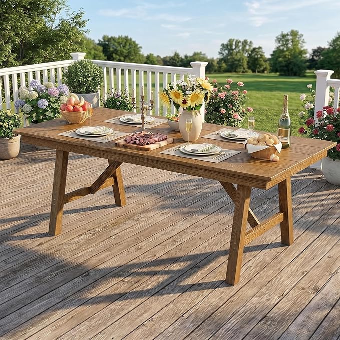 Garvee Outdoor Patio Dining Table for 4-6, 66.9" Long Outdoor HDPE Garden Dining Table with Umbrella Hole, Aluminum Frame, Triangular Legs, Waterproof, All-Weather for Backyard, Poolside, Natural