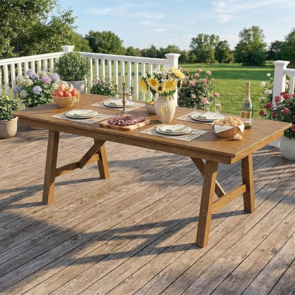 Garvee Outdoor Patio Dining Table for 4-6, 66.9" Long Outdoor HDPE Garden Dining Table with Umbrella Hole, Aluminum Frame, Triangular Legs, Waterproof, All-Weather for Backyard, Poolside, Natural