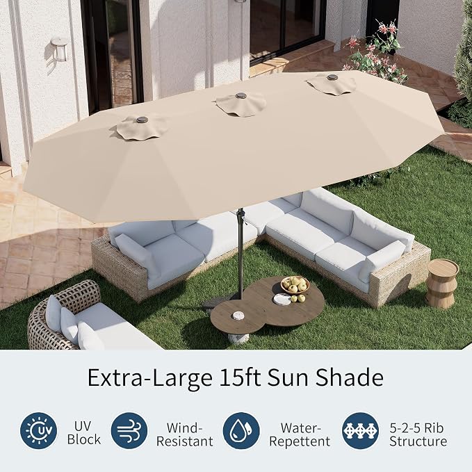 PatioKingdom 15FT Large Patio Umbrella with Base, Double Sided Rectangular Outdoor Umbrella with Sturdy Fiberglass Ribs, Market Umbrella for Pool,Garden,Backyard,Deck (Beige, 15FT)