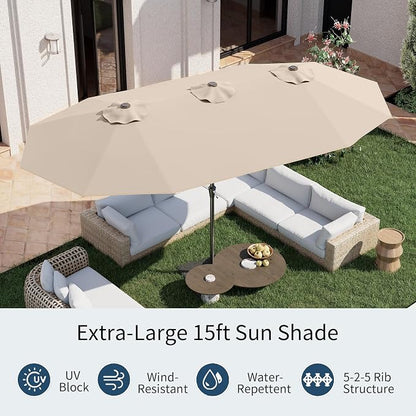 PatioKingdom 15FT Large Patio Umbrella with Base, Double Sided Rectangular Outdoor Umbrella with Sturdy Fiberglass Ribs, Market Umbrella for Pool,Garden,Backyard,Deck (Beige, 15FT)