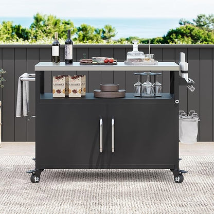 54.5" Outdoor Kitchen Island with Stainless Steel Tabletop, Metal Grill Cart Table with Storage Cabinet, Spice Rack and Towel Rack, Outdoor Bar Cart with 4 Lockable Wheels for Outside BBQ (Black--@13)