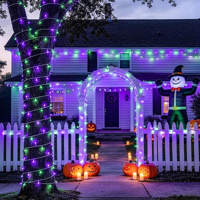JMEXSUSS 33FT 100 LED Battery Operated Halloween Lights with Remote | Purple and Green Halloween Lights Indoor Outdoor, 8 Modes String Lights for Outside Yard Tree Front Porch Room House