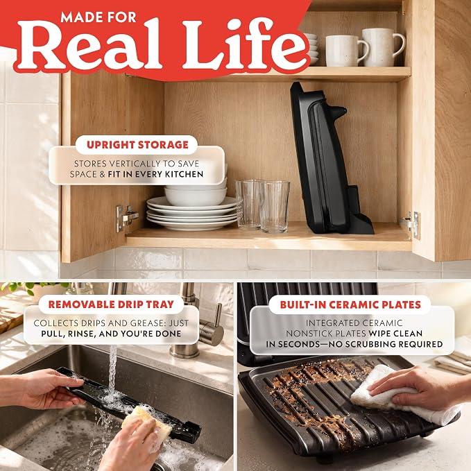 Gourmia Indoor Grill & Panini Maker – 4 Serving Contact or Open Grill, Nonstick Ceramic, Preheat Indicator Light, Slope Design with Removable Dishwasher Safe Drip Tray
