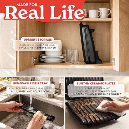 Gourmia Indoor Grill & Panini Maker – 4 Serving Contact or Open Grill, Nonstick Ceramic, Preheat Indicator Light, Slope Design with Removable Dishwasher Safe Drip Tray