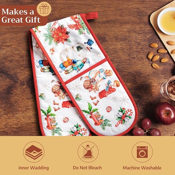 Maison d' Hermine Double Oven Mitts 100% Cotton Double Oven Glove (7"x35") | Heat Resistant BBQ Cooking Gloves with Loop Baking Kitchen Home Hotel Farmhouse Thanksgiving Christmas - Chromo