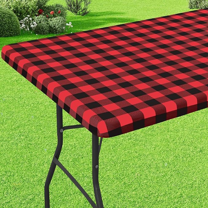 Buffalo Rectangle Picnic Tablecloth, 6 Foot Elastic Fitted Vinyl Table Cloth with Flannel Backing, Waterproof Plaid Table Covers for Dining, Camping, Outdoor (Black and Red, 30" x 72")