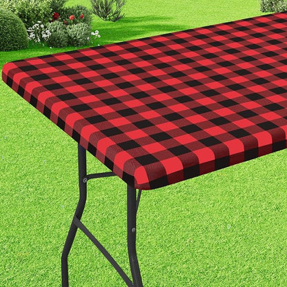 Buffalo Rectangle Picnic Tablecloth, 8 Foot Elastic Fitted Vinyl Table Cloth with Flannel Backing, Waterproof Plaid Table Covers for Dining, Camping, Outdoor (Black and Red, 30" x 96")