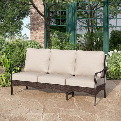 PHI VILLA Wicker & Metal Outdoor Patio Couch,3-Seat Patio Sofa with Deep Seating for Front Porch, Deck, Balcony, Backyard, Sunroom，Beige