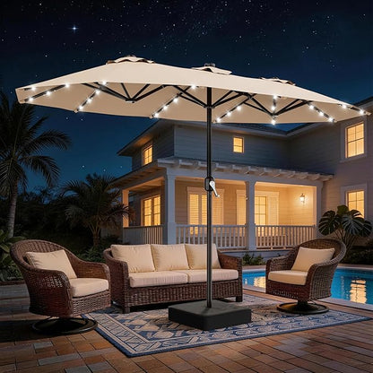 AreShark 13 FT Patio Umbrella with Solar Lights, Double-Sided Outdoor Table Umbrellas with Crank, Large Rectangular Market Umbrella for Porch, Lawn, Pool, Backyard, Beige