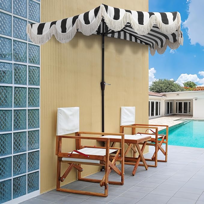 JONATHAN Y Beverly 9 ft. Striped Half Umbrella, Black/Dark Brown | Coastal Scalloped Fringe, Crank Lift, 30 Degree Manual Tilt, UV 50 Polyester Canopy, Aluminum Frame, Space Saving Design