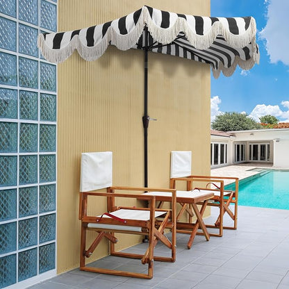 JONATHAN Y Beverly 9 ft. Striped Half Umbrella, Black/Dark Brown | Coastal Scalloped Fringe, Crank Lift, 30 Degree Manual Tilt, UV 50 Polyester Canopy, Aluminum Frame, Space Saving Design
