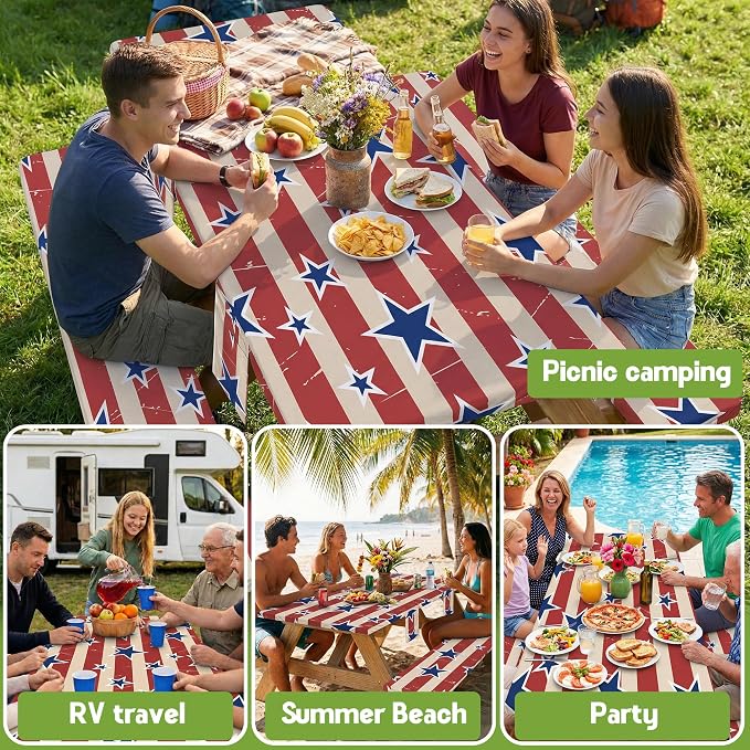 Picnic Table Cover with Bench Covers Waterproof Vinyl Elastic Rectangle Fitted Table Cloth Camping Lovers Essentials Rv Car Travel Overlanding Outdoor Roadtrip Road Trip Women Men Camper Gifts 6 Foot