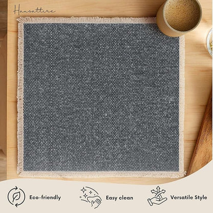 Hausattire Cotton Frayed Placemats Set of 6 Dining Table 14x14 Inch | Rustic Boho Washable Easter Placemat for Outdoor Parties BBQ's Wedding, Holiday, Special Occasions, Nubby Cotton - Washed Black