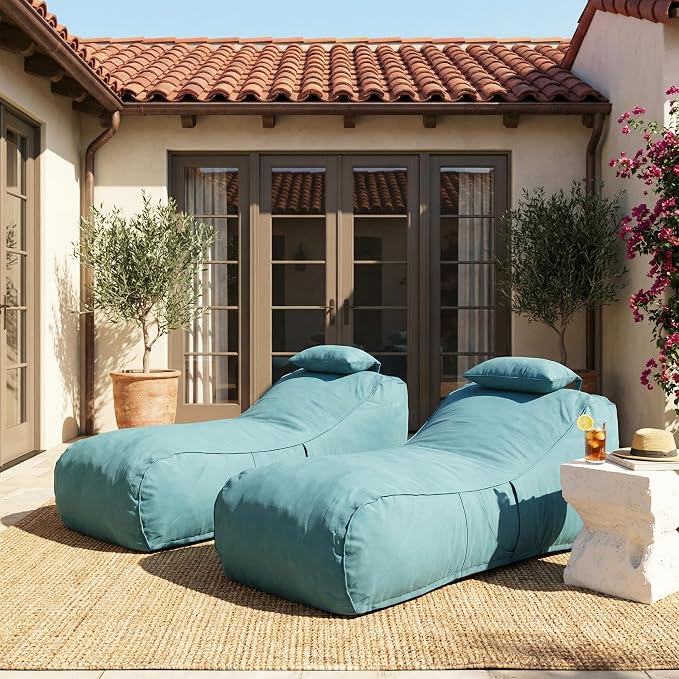 Christopher Knight Home Morton Outdoor Bean Bag Chair Set of 2, Fabric Bean Bag Chair for Adults and Kids, Indoor/Outdoor Sun Lounger with Headrest, Patio Chaise Lounge Chair Set of 2, Teal