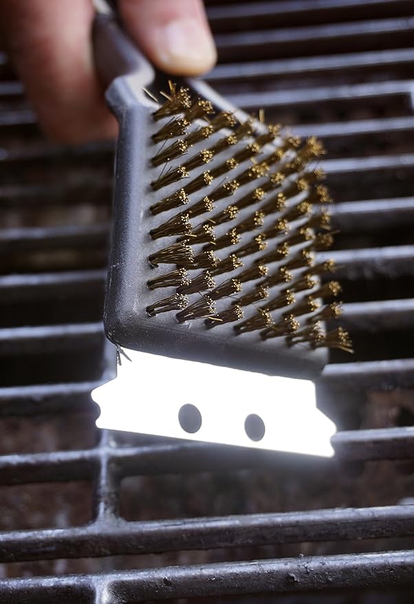 RSVP International (BQ-9B) BBQ Grill Cleaning Brush/Scraper, 9" | Brass Bristles & Stainless Steel Scraper | Gas/Charcoal Grill | Dishwasher Safe